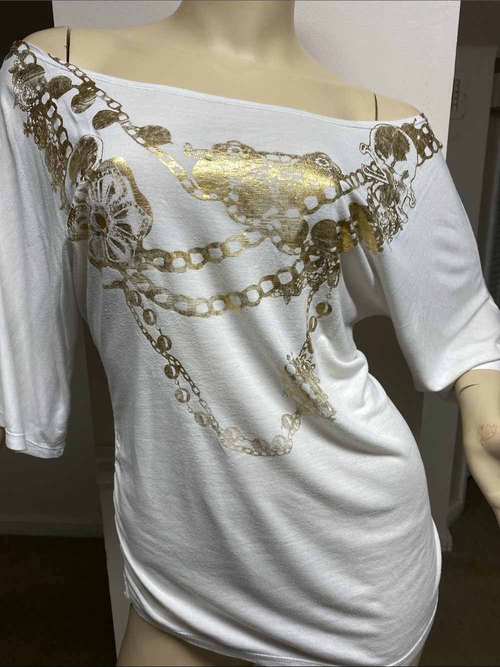 Zara White Off-Shoulder Tunic with Gold Chain Foil